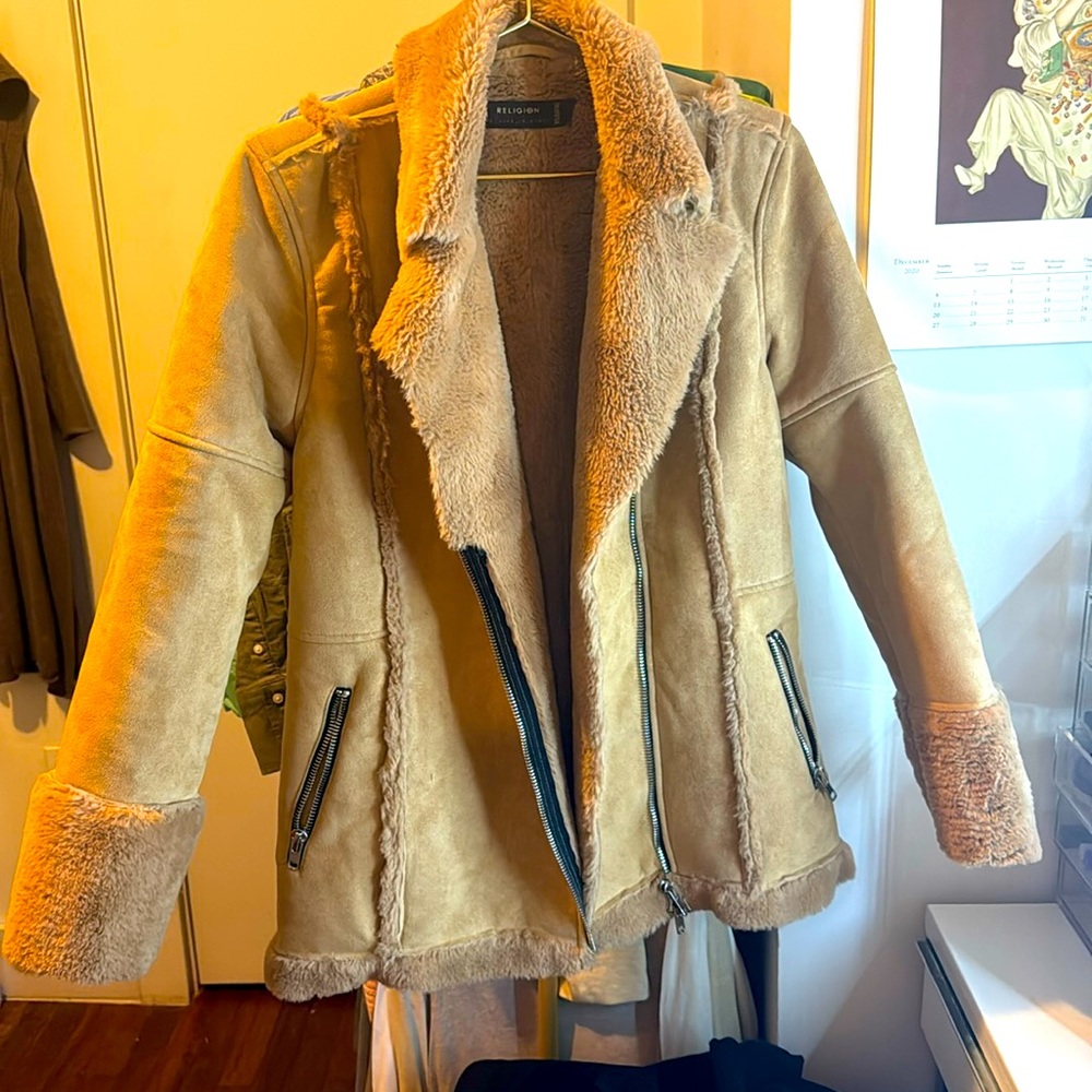 Religion Faux Shearling & Suede Moto style camel coat